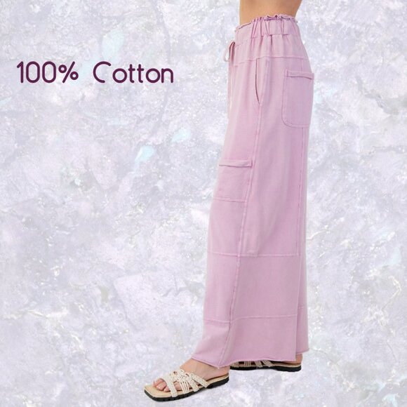 EASEL "Perfect Cargo Lux" Terry Knit Mineral Washed Flared Leg Raw Hems & Seams - Picture 2 of 14